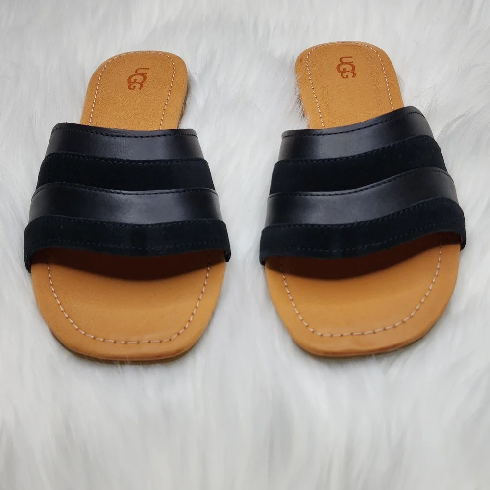 UGG Ximena Slip On Slide Sandals Black Leather
